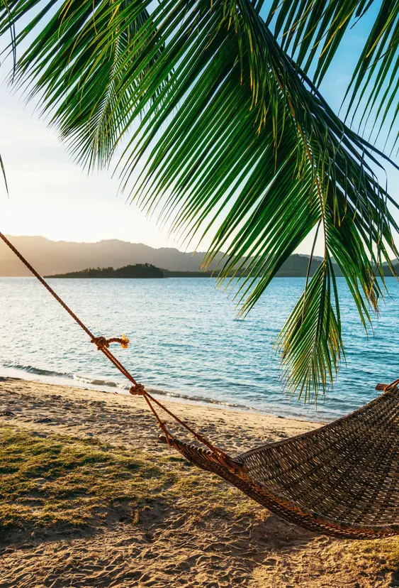 Hammock Between Two Palm Trees On The Beach At Sunset Gettyimages 1133353851